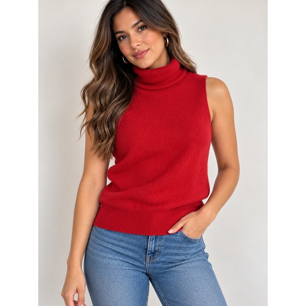 Lord & Taylor Red 100% Cashmere Sleeveless Turtleneck Sweater Vest Small